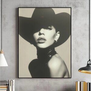 Halftone Cowgirl Wall Art Black and White Western Poster Minimalist Decor